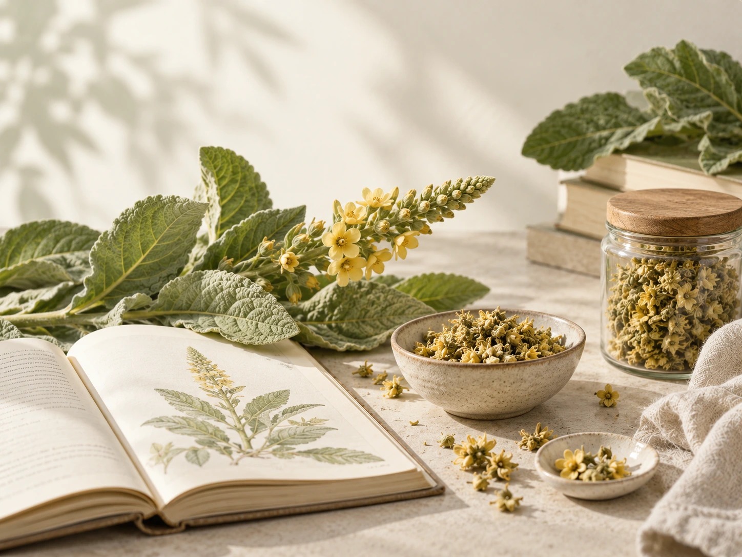 Mullein research and botanical evidence visual with plant-based study theme